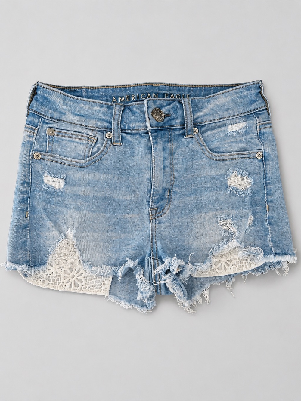 American Eagle HiRise Cotton Denim Shorts Size 4 Light Wash Distressed Lace Hem